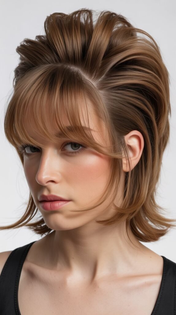 Curtain Bangs with Mohawk-Inspired Volume
