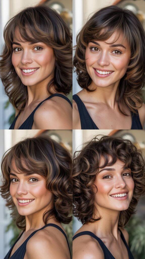30 Stunning Medium Haircuts With Bangs for Thin Hair That Add Fullness 6 Layered Mid-Length Cut with Feathered Bangs