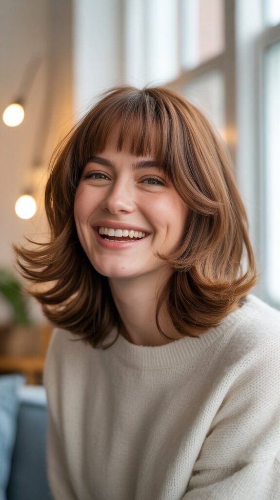 Medium Hair with Curtain Bangs and Face-Framing Layers