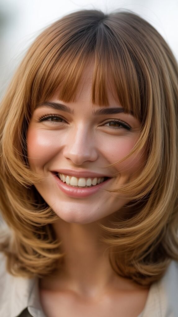 Medium Hair with Thick Curtain Bangs