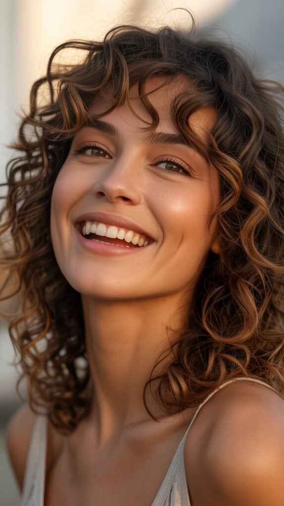 Curly Medium Hair with Curtain Bangs