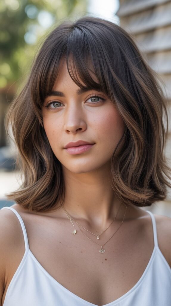 Brow-Skimming Bangs with Subtle Layers