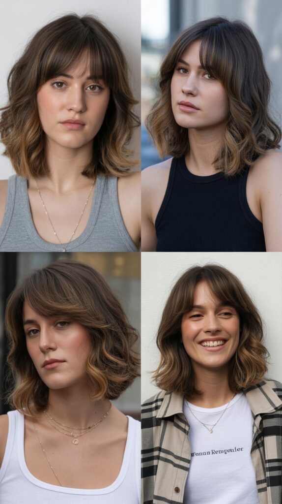 33 Flattering Medium Haircuts With Bangs for Round Faces 17 Curtain Bangs with Layered Lob