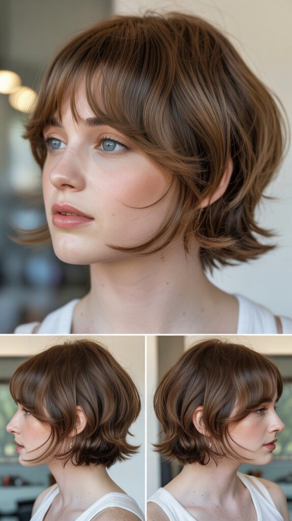 42 Medium Haircuts With Bangs for Thin Hair That Add Volume 41 Graduated Shoulder Cut With Wispy Bangs