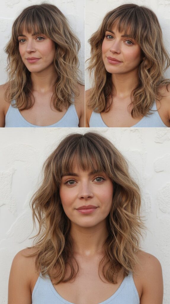 Medium Hair with Curtain Bangs and Beach Waves