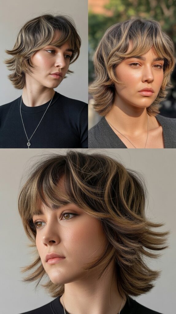 33 Flattering Medium Haircuts With Bangs for Round Faces 11 Piecey Bangs with Graduated Layers