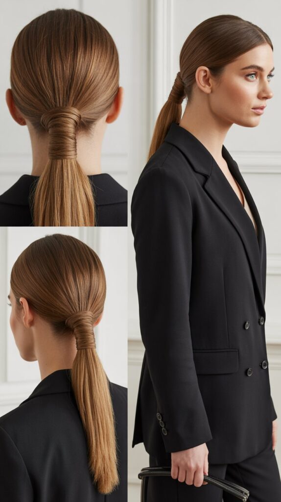 33 Elegant Formal Medium-Length Hairstyles Perfect for Special Occasions 10 Polished Ponytail with Wrap