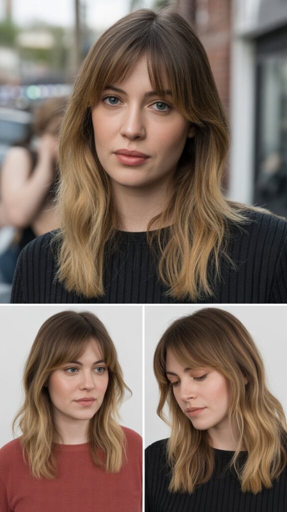 56 Medium-Length Hairstyles With Bangs for a Trendy Look 14 Blended Bangs with Soft Graduation