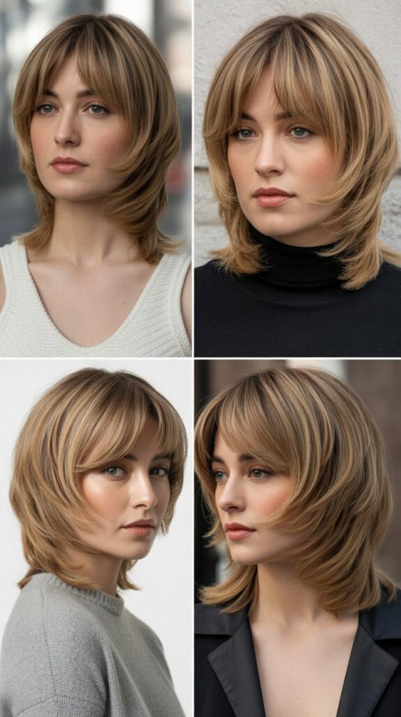 33 Flattering Medium Haircuts With Bangs for Round Faces 33 Arched Fringe with Layered Lob
