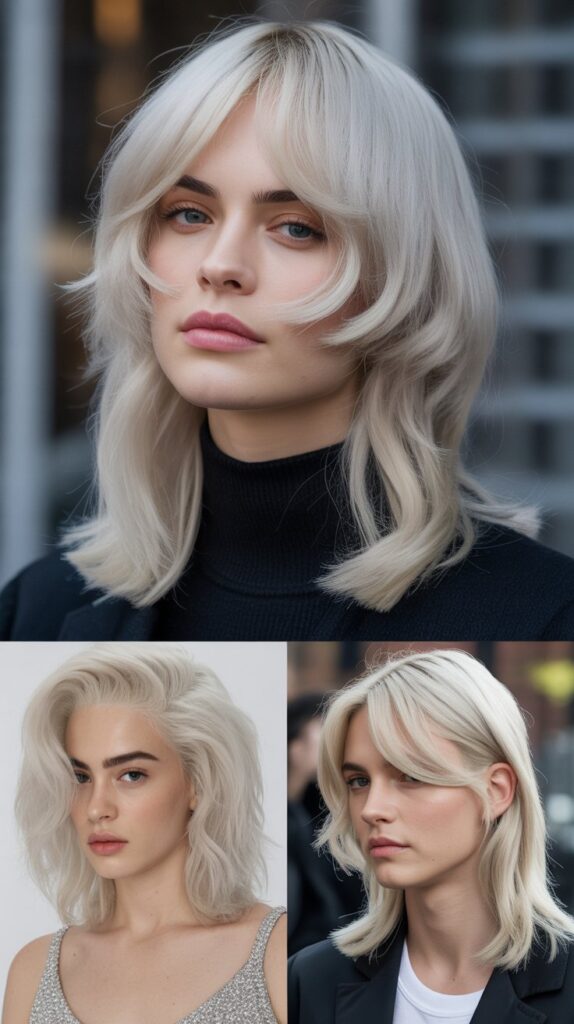 Medium-Length Platinum Blonde Hair with Side-Parted Bangs