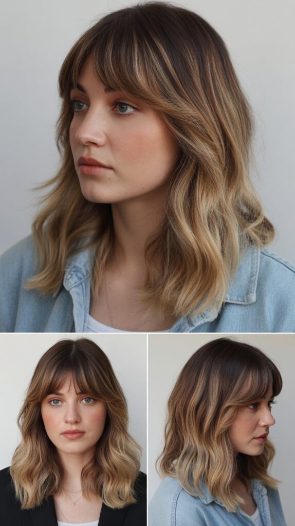 Medium Hair with Curtain Bangs and Balayage