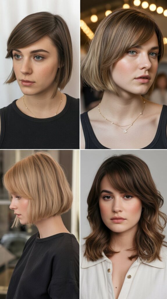 33 Flattering Medium Haircuts With Bangs for Round Faces 27 Side-Swept Fringe with A-Line Lob