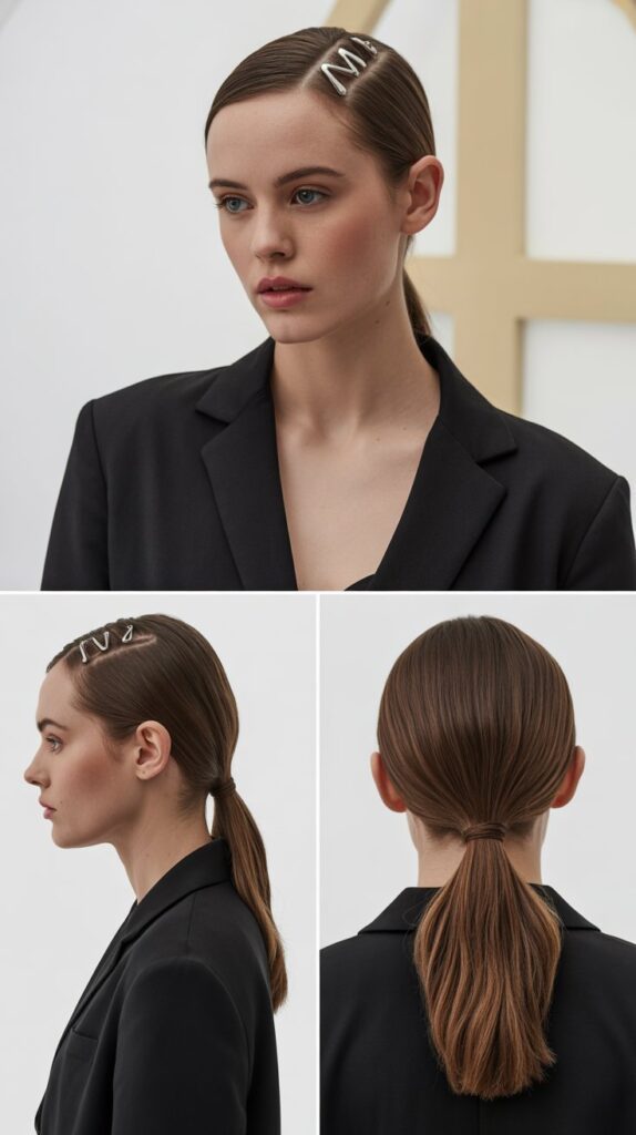 33 Elegant Formal Medium-Length Hairstyles Perfect for Special Occasions 20 Sleek Middle Part Low Ponytail