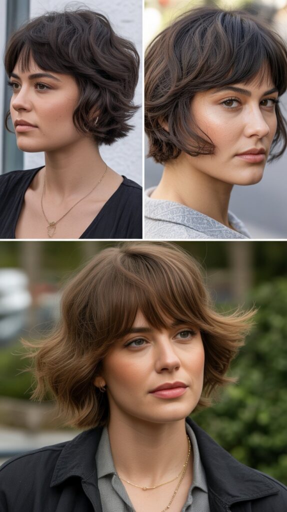 33 Flattering Medium Haircuts With Bangs for Round Faces 3 Wispy Fringe with Textured Midi Cut
