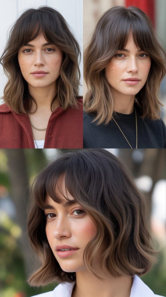 56 Medium-Length Hairstyles With Bangs for a Trendy Look 40 Textured Piecey Curtain Bangs