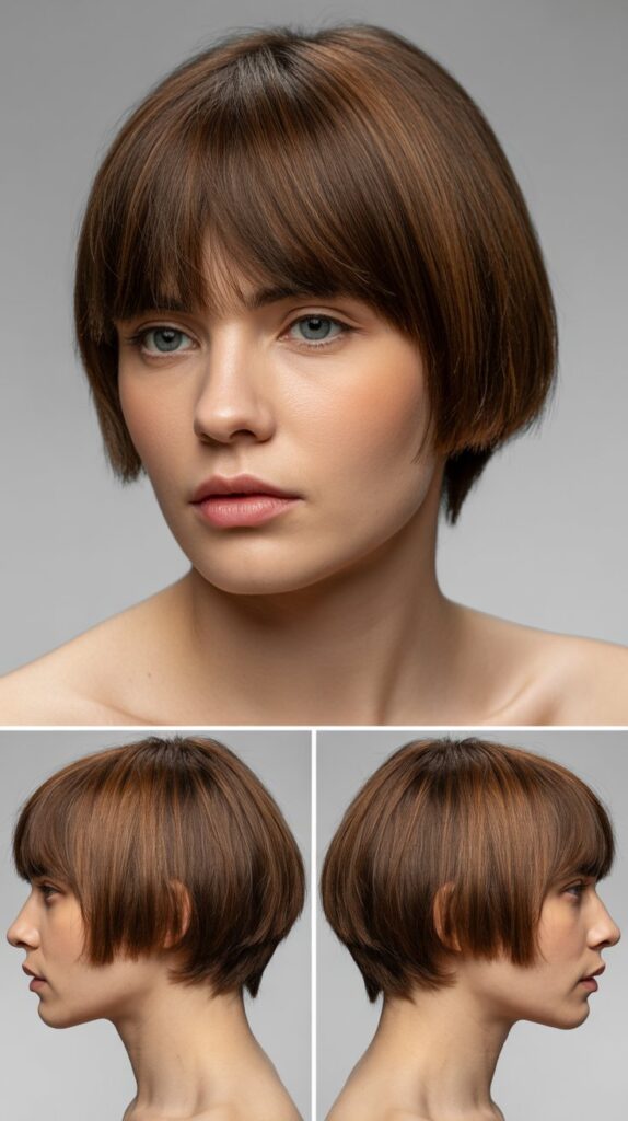 42 Medium Haircuts With Bangs for Thin Hair That Add Volume 28 Blunt Shoulder Cut With Full Fringe