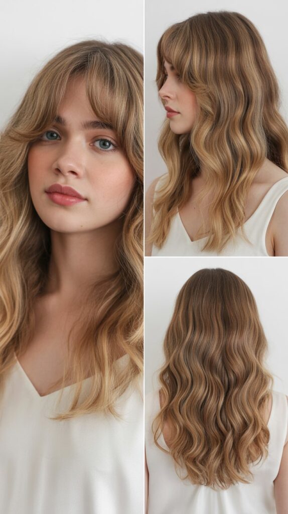 33 Flattering Medium Haircuts With Bangs for Round Faces 19 Feathered Side Fringe with Shoulder Waves