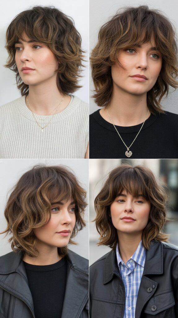 33 Flattering Medium Haircuts With Bangs for Round Faces 25 Textured Curtain Bangs with Shoulder Shag