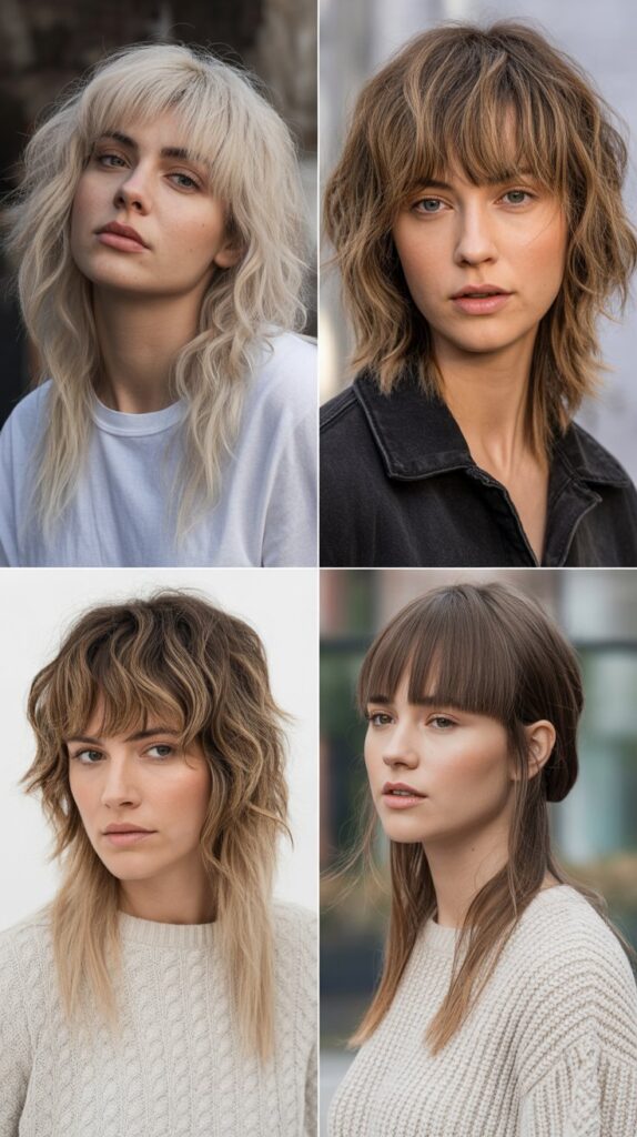 33 Flattering Medium Haircuts With Bangs for Round Faces 13 Textured Fringe with Layered Midi