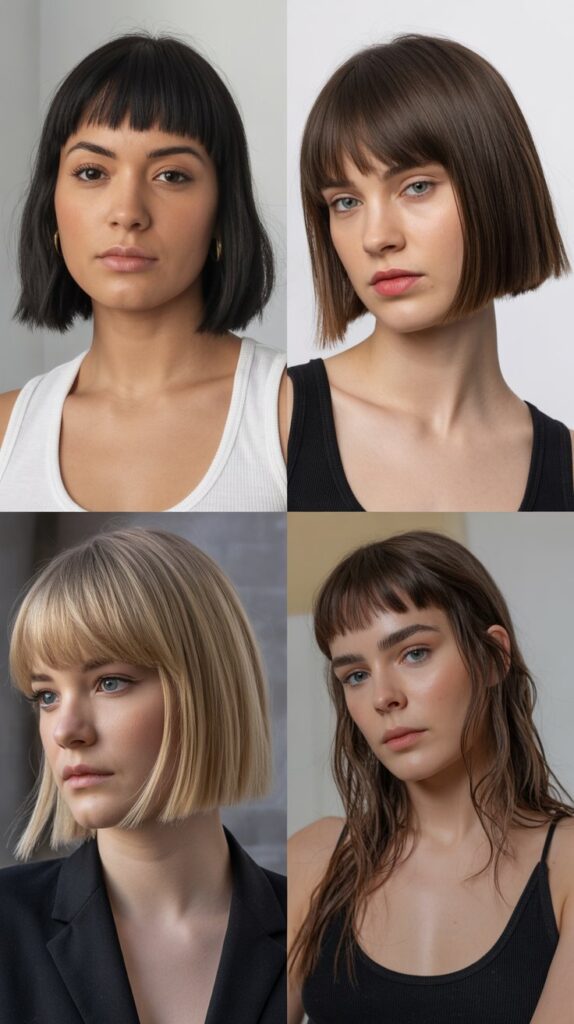 33 Flattering Medium Haircuts With Bangs for Round Faces 20 Blunt Midi with Soft Fringe