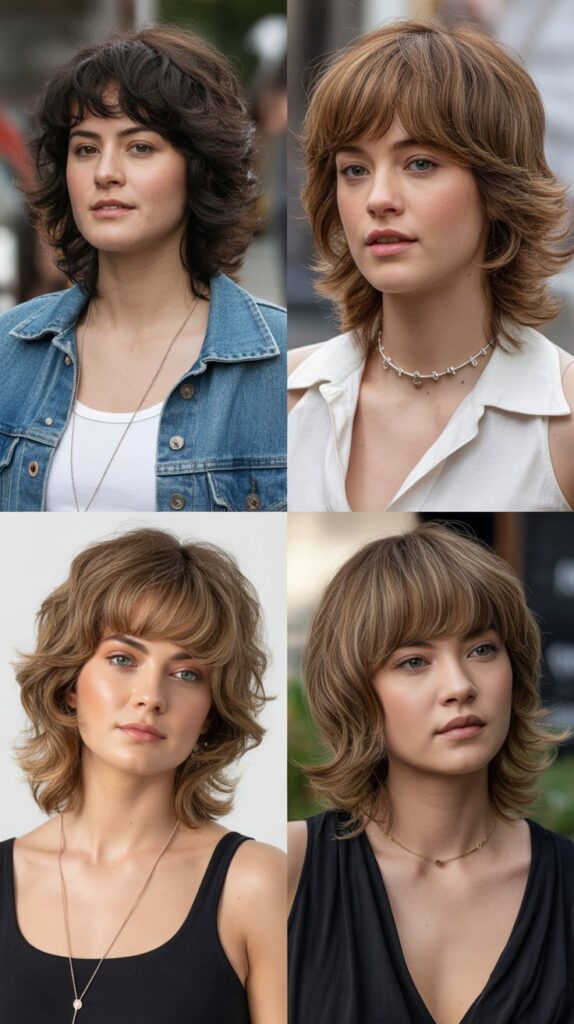 33 Flattering Medium Haircuts With Bangs for Round Faces 8 Feathered Bangs with Midi Shag