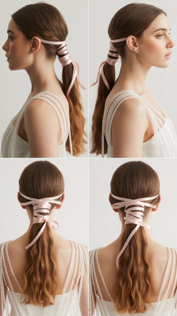 33 Elegant Formal Medium-Length Hairstyles Perfect for Special Occasions 18 Ribbon-Wrapped Ponytail