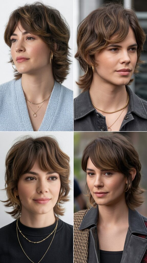 33 Flattering Medium Haircuts With Bangs for Round Faces 18 Choppy Side Bangs with Medium Layers