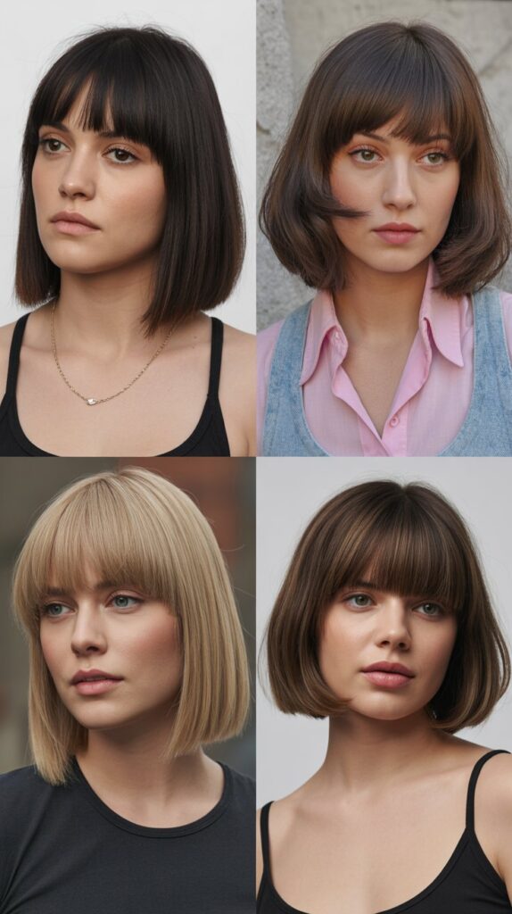 33 Flattering Medium Haircuts With Bangs for Round Faces 4 Blunt Bangs with Long Bob