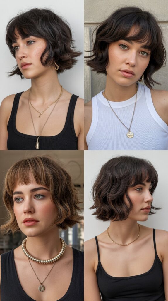 33 Flattering Medium Haircuts With Bangs for Round Faces 28 Choppy Curtain Bangs with Graduated Bob