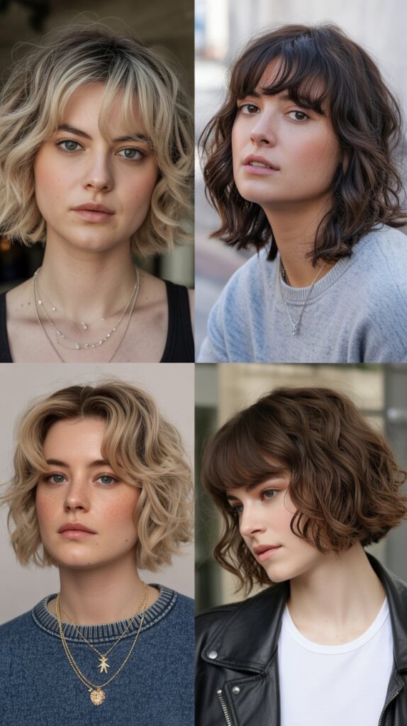 33 Flattering Medium Haircuts With Bangs for Round Faces 22 Piecey Curtain Bangs with Textured Lob