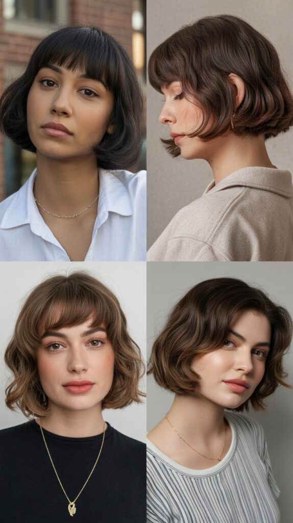 33 Flattering Medium Haircuts With Bangs for Round Faces 10 Swoopy Bangs with Angled Lob