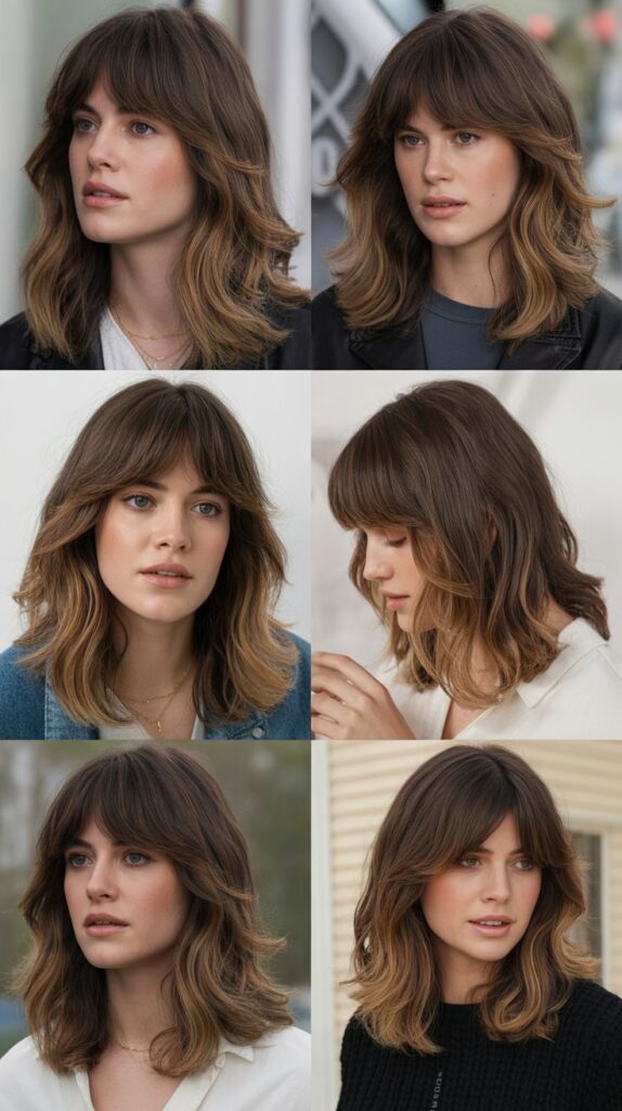 Medium Hair with Curtain Bangs and Lowlights