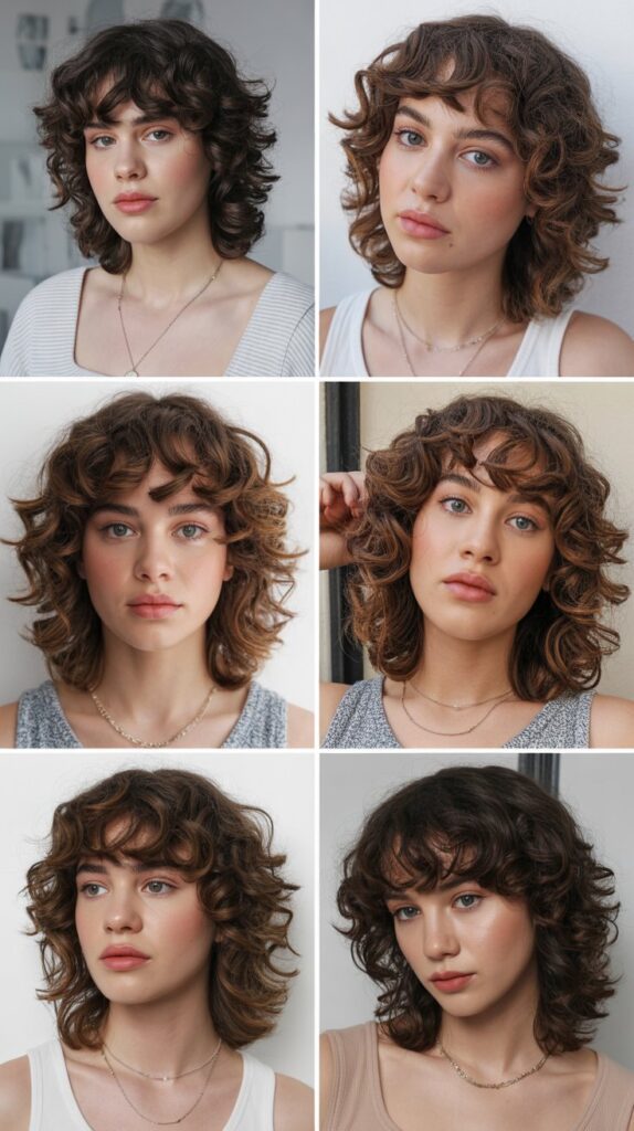 Curly Medium Hair with Curtain Bangs
