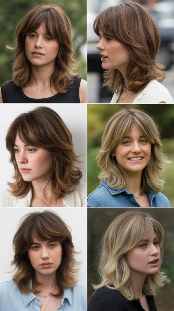 56 Medium-Length Hairstyles With Bangs for a Trendy Look 6 Long Feathered Bangs with Face-Framing Layers