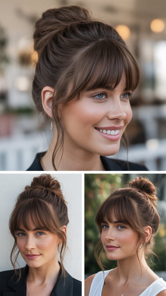 Messy Bun with Curtain Bangs Framing Face