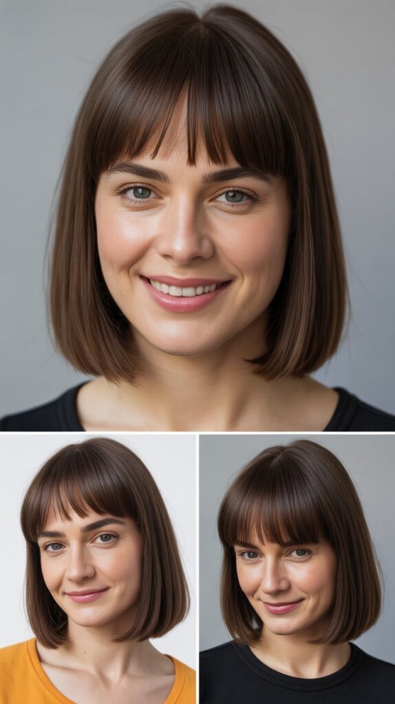 36 Medium-Length Hairstyles with Bangs for Thin Hair That Add Volume 24 Blunt Midi with Full Fringe