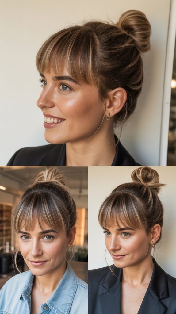 High Bun with Choppy Bangs