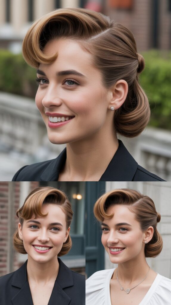 Rolled Side Updo with Asymmetrical Bangs