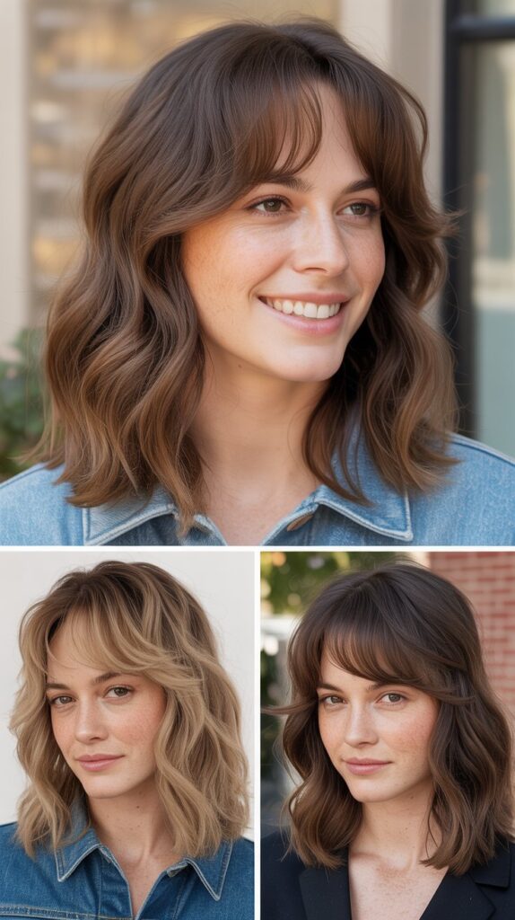 36 Medium-Length Hairstyles with Bangs for Thin Hair That Add Volume 14 Soft Waves with Feathered Bangs