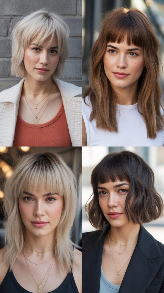 36 Medium-Length Hairstyles with Bangs for Thin Hair That Add Volume 5 Choppy Midi Cut with Blunt Bangs