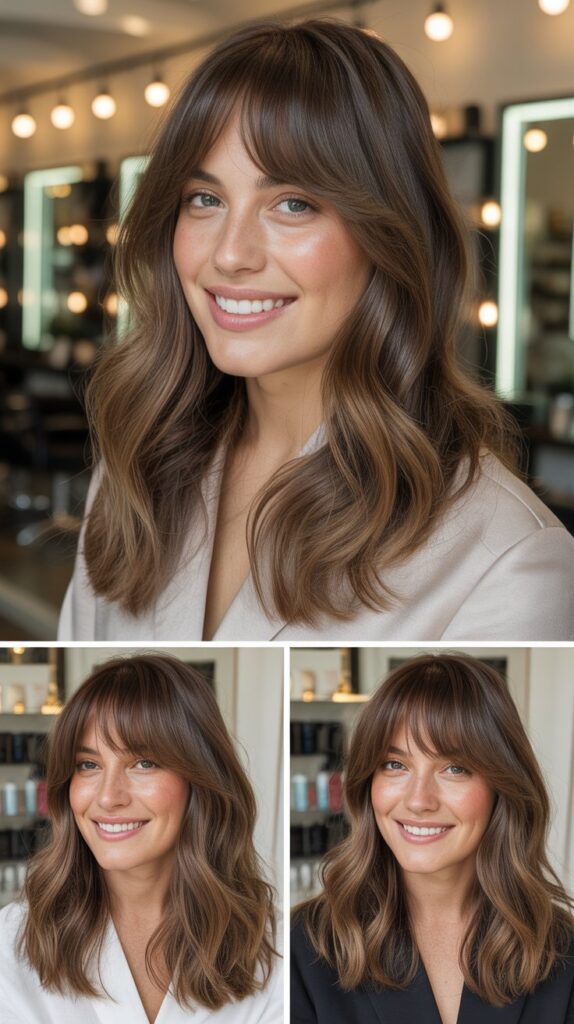 Brunette Highlights with Curtain Bangs
