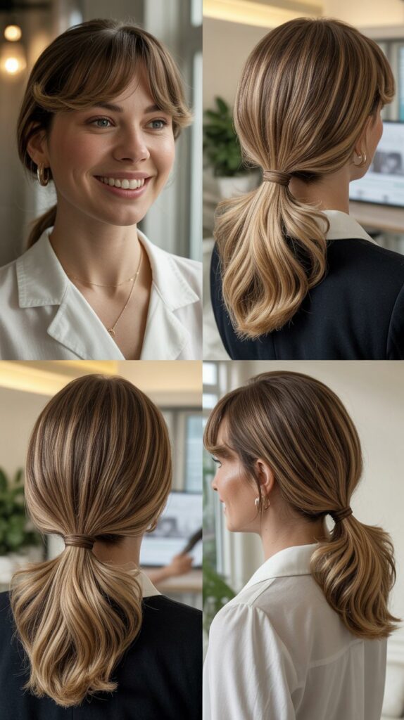 Low Ponytail Wrap with Wispy Bangs