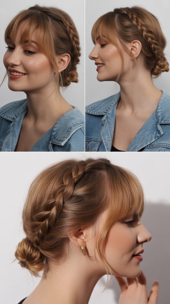 Side Fishtail Braid Bun with Baby Bangs