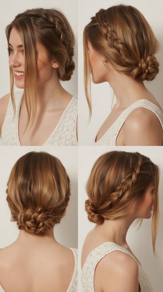 Braided Low Side Bun with Long Side Bangs