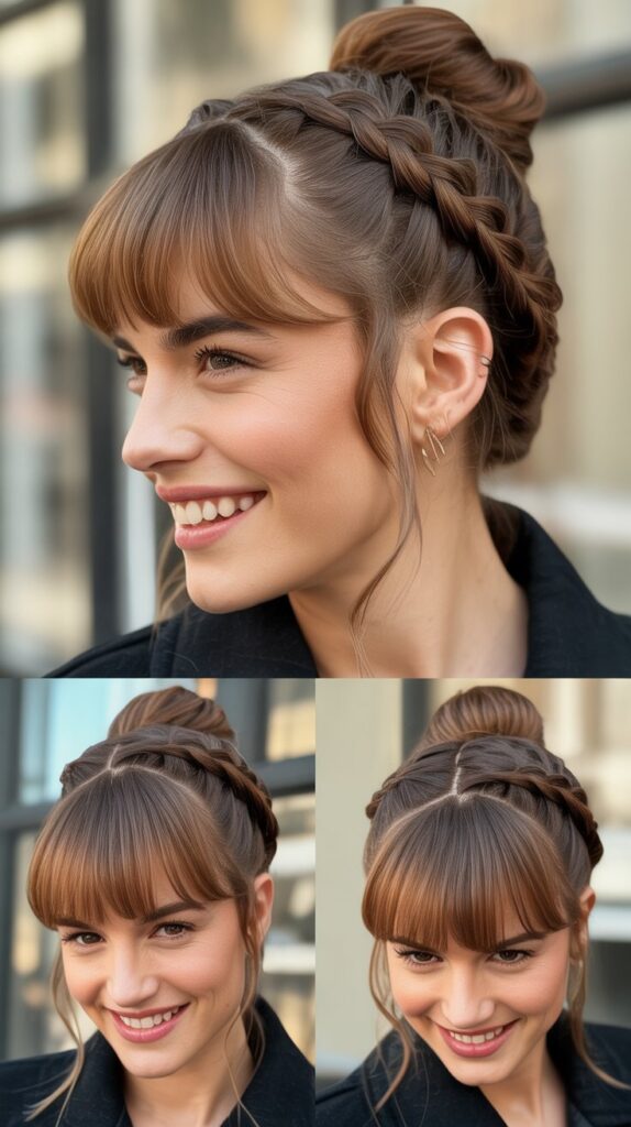 French Braid Bun with Baby Bangs