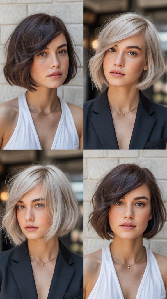36 Medium-Length Hairstyles with Bangs for Thin Hair That Add Volume 27 Asymmetrical Bob with Side Fringe