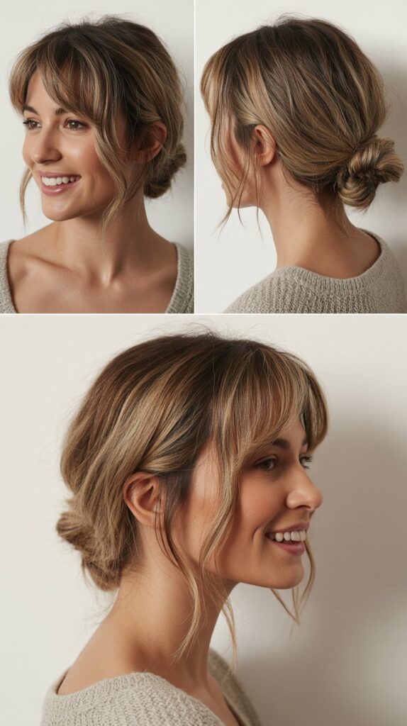 Messy Side Bun with Curtain Bangs