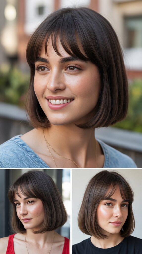 36 Medium-Length Hairstyles with Bangs for Thin Hair That Add Volume 15 Blunt Lob with Center-Parted Bangs