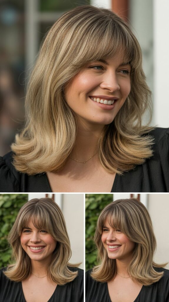 Soft Layers with Curtain Bangs and Highlights