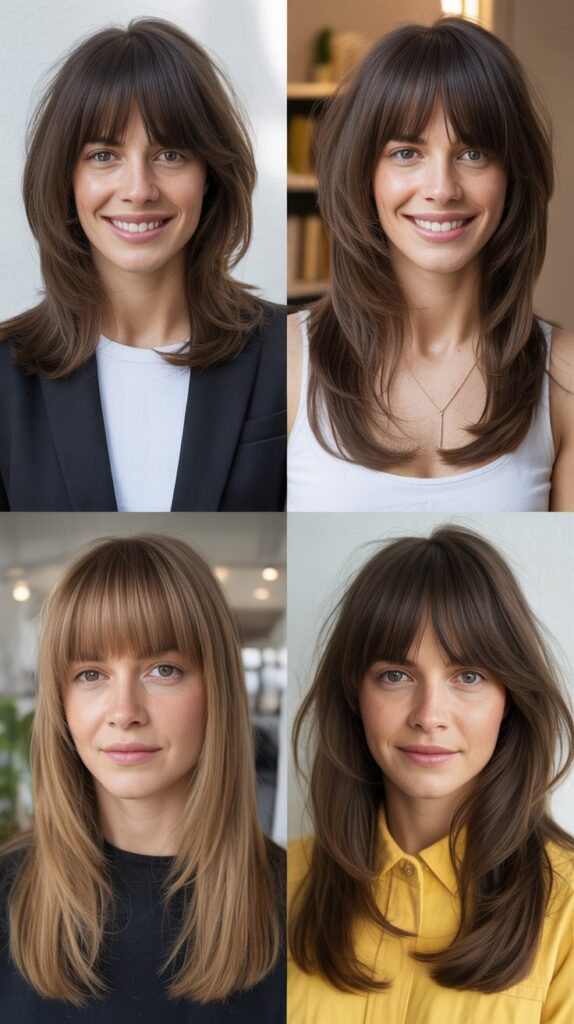 36 Medium-Length Hairstyles with Bangs for Thin Hair That Add Volume 11 Layered Midi with Full Bangs